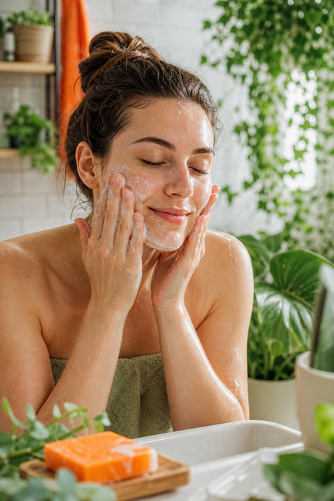 A photorealistic close-up of a woman gently washing her face with a natural organic soap in a modern bathroom with green plants, soft lighting, clean and fresh atmosphere. Alt: Doğal sabunla cilt temizliği anti akne bakımı