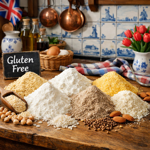 A photorealistic close‑up of assorted gluten‑free flours spread on a wooden table, with a Dutch kitchen background, alt: