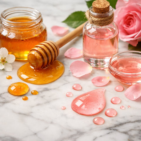 A realistic close-up of honey and rose water droplets on a white marble surface, showing natural ingredients, alt: "bal 