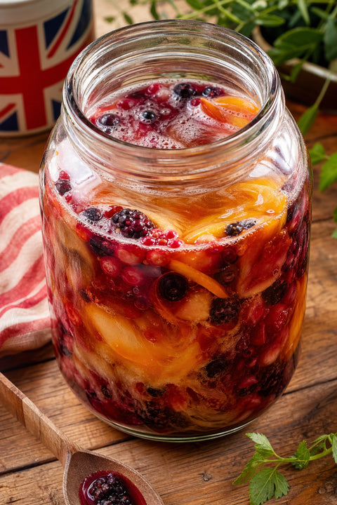 A vibrant close‑up of assorted fermented fruit extracts swirling in a clear glass jar, wooden table background, natural 
