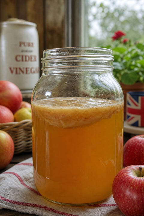 A close‑up of a clear glass jar filled with raw, unfiltered apple cider vinegar, showing the cloudy "mother" floating in