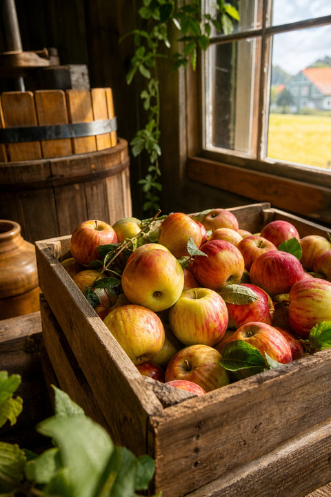 A close‑up of a wooden crate filled with fresh apples ready for fermentation, sunlight streaming through a Dutch farm window, showcasing natural ingredients and rustic atmosphere. Alt: organik elma sirkesi üretim süreci
