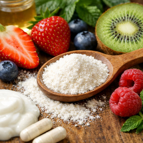 A photorealistic close‑up of probiotic powder mixed with fresh fruit, showing natural ingredients and a wooden spoon, alt="bio‑balance probiotic powder ingredients"