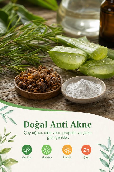 Yakın çekim, doğal anti akne içerikleri: çay ağacı yaprakları, aloe vera jeli, propolis parçaları ve çinko tozu ahşap bir yüzeyde. Alt: Doğal anti akne serumda kullanılan çay ağacı, aloe vera, propolis ve çinko gibi içerikler.