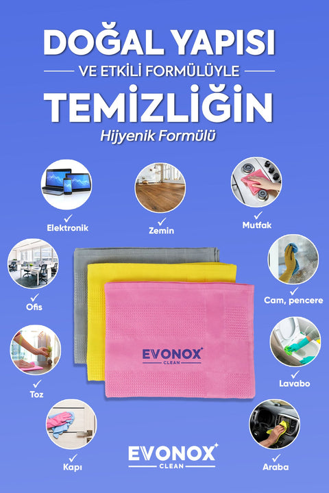 Evonox Clean Mikrofiber Çok Amaçlı Temizlik Bezi 3'lü Set