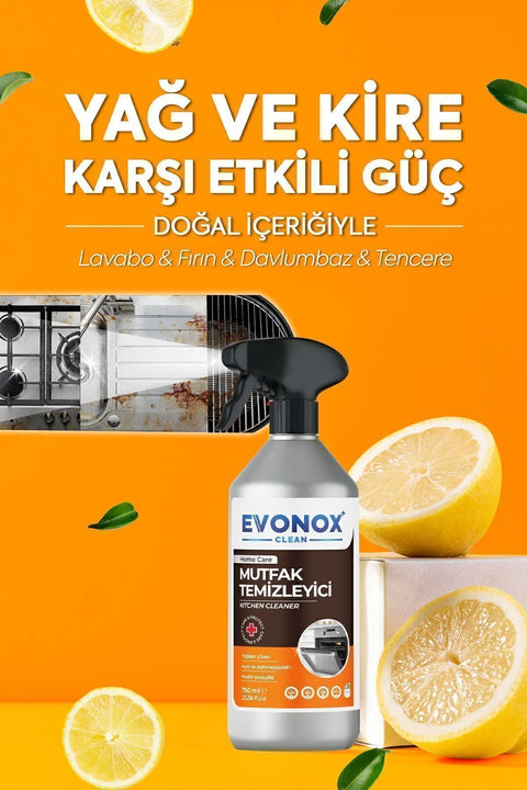 Evonox Clean Ultra Güçlü Mutfak Yüzey Temizleyici ve Yağ Sökücü Limon Kokulu Sprey 750 ml